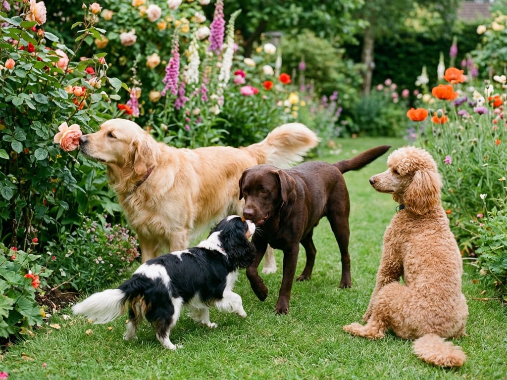 Fire venlige hunderacer: Golden Retriever, Labrador, Puddel og Cavalier King Charles Spaniel i en have.