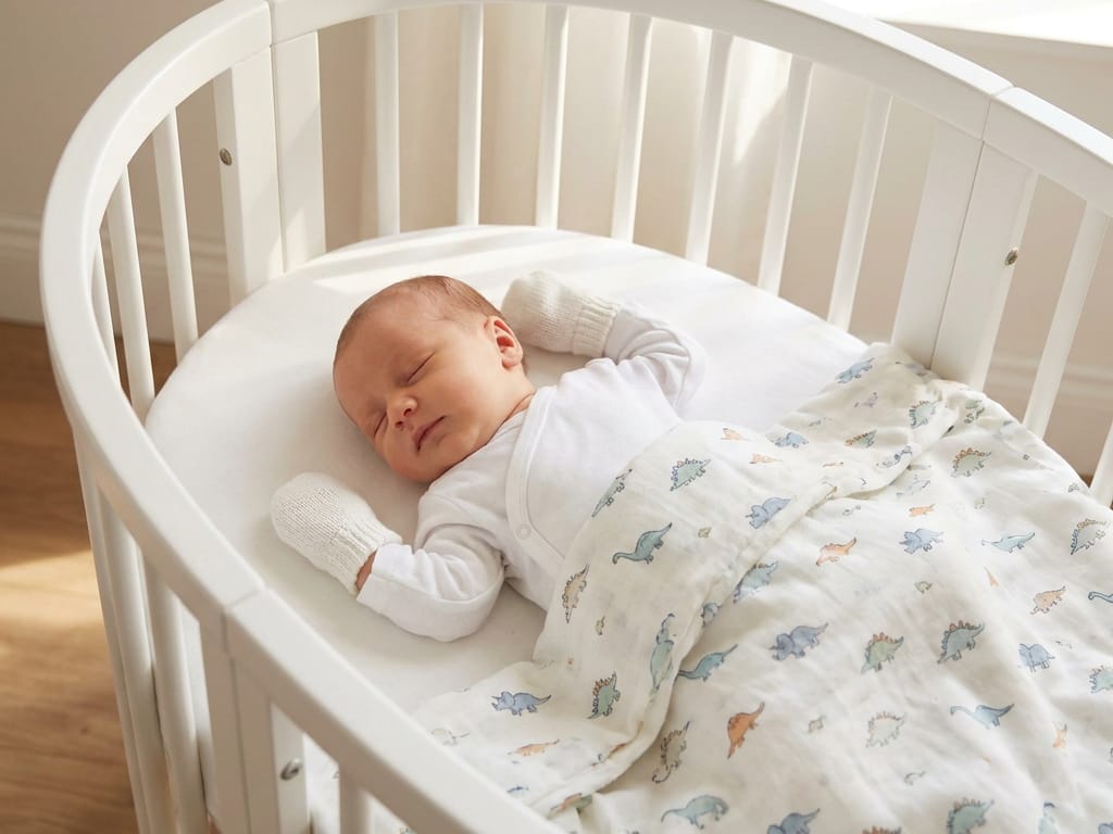 En nyfødt baby sover trygt i sin vugge